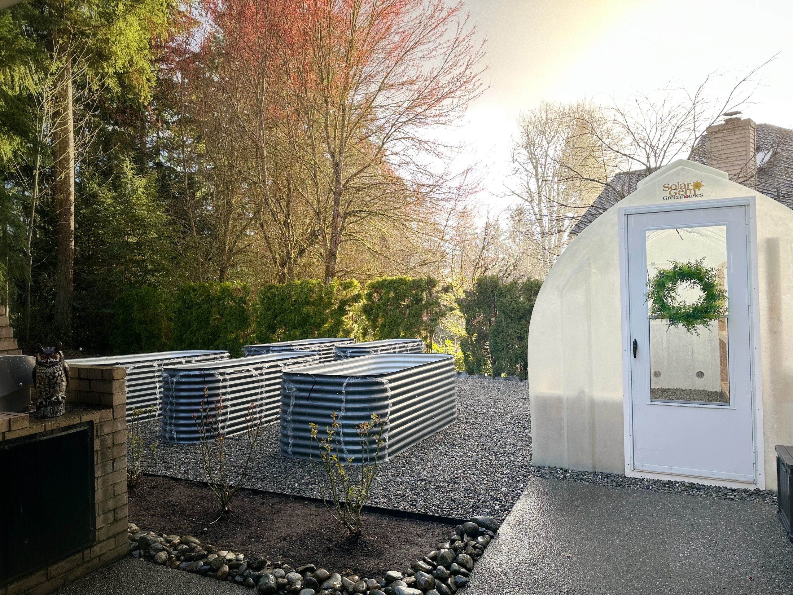 Four rectangular corrugated metal raised garden beds in a gravel yard next to a Solar Gem greenhouse.