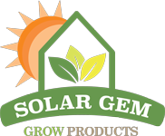Solar Gem Grow Products logo featuring a sun behind a house icon with two leaves.